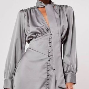 Misguided button down pussy bow satin dress